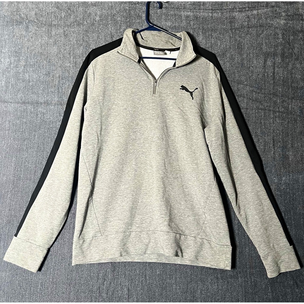 PUMA Mens L Gray Black 1/4 Zip Pullover Sweatshirt Mock Neck Logo Solid